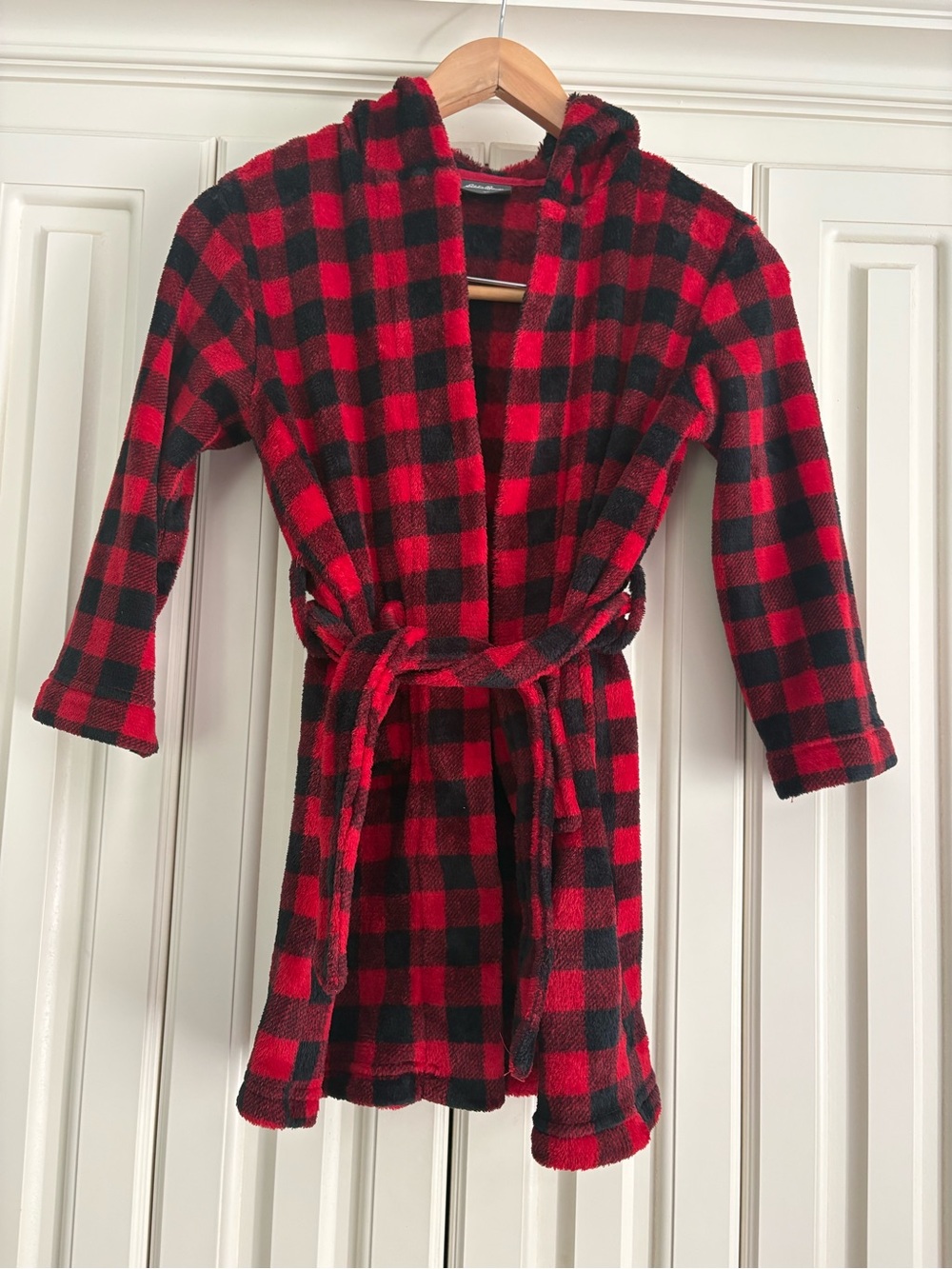 Eddie Bauer Fuzzy Plaid Belted Hooded Bathrobe Size XS (5/6) Cozy Loungewear